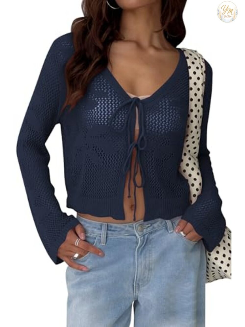 Crochet Cardigan Tie Front Bell Sleeve Open Knit Sweater